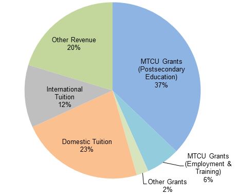 
<p><strong>College Sector Revenue</strong><br>
The pie chart represents the college sector revenue of Ontario colleges, by source, for 2014-15:</p>
<ul>
	<li>MTCU Grants (Postsecondary Education) account for 37%;</li>
	<li>MTCU Grants (Employment & Training) account for 6%;</li>
	<li>Other Grants account for 2%;</li>
	<li>Domestic Tuition accounts for 23%;</li>
	<li>International Tuition accounts for 12%; and</li>
	<li>Other Revenue accounts for 20%. </li>
</ul>
