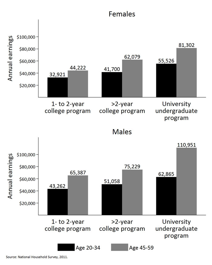 Presents the mean annual earnings for college and university Engineering graduates by program length, age and gender.