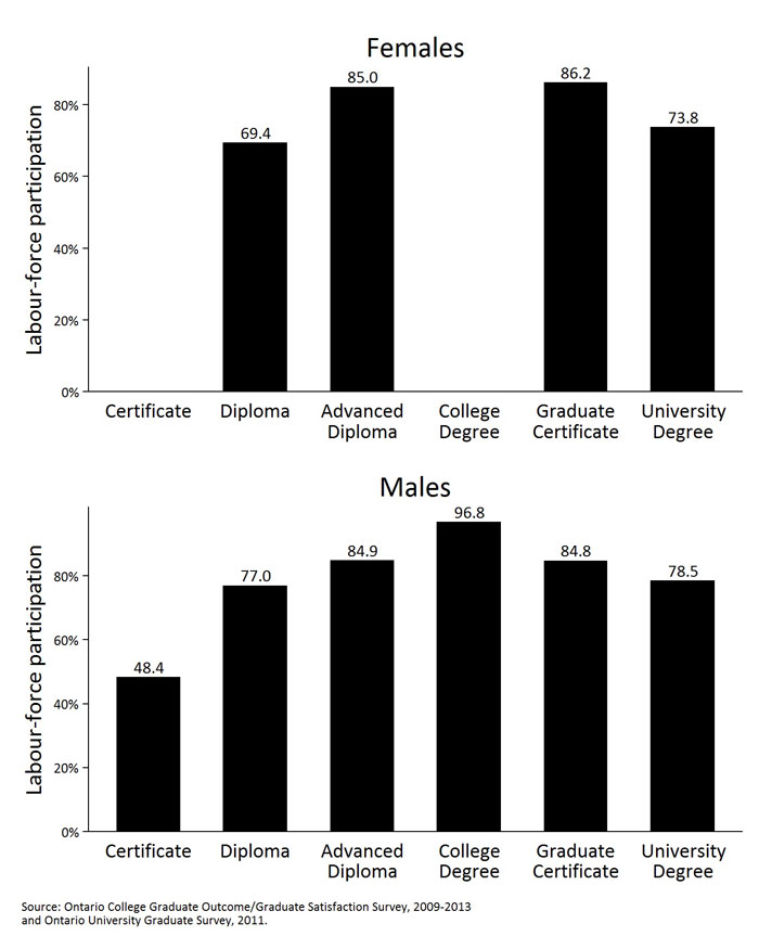 Depicts the labour force participation rates for engineering program graduates across college and university credentials, by gender.